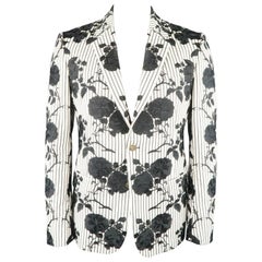 Men's ALEXANDER MCQUEEN 42 Black & White Floral Embroidered Stripe Cotton Jacket