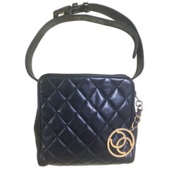 Retro CHANEL black lambskin square shape waist purse, fanny pack with gold CC.