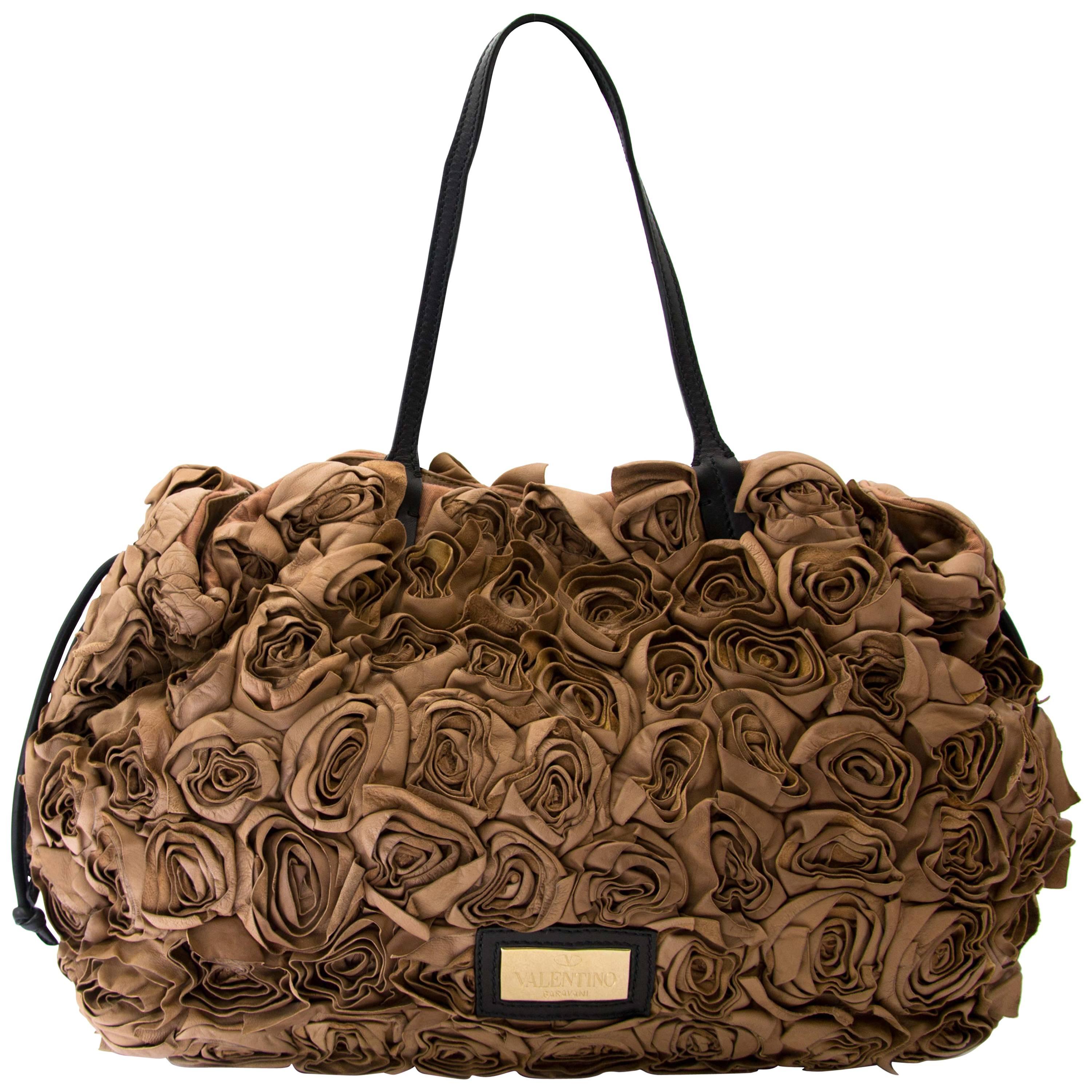 Valentino Taupe Leather Floral Rosette Bag