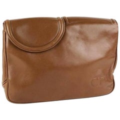 Retro Christian Dior brown leather double flap clutch bag, pouch. Unisex bag.