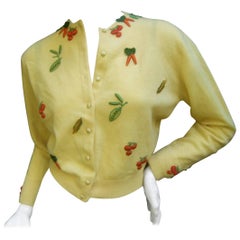 Whimsical Buttercup Yellow Cashmere Vegetable Theme Cardigan by Dalton c 1960 