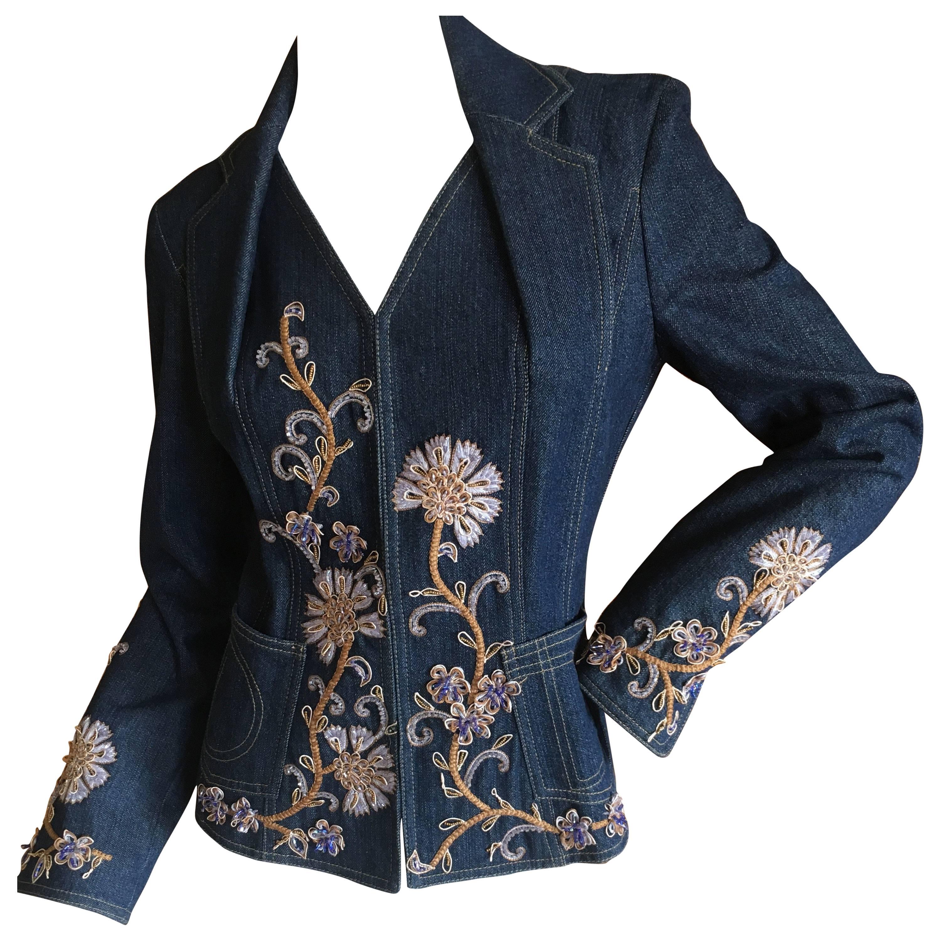 Christian Dior by John Galliano Vintage Floral Embellished Denim Bar Jacket