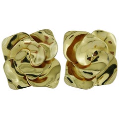Christian Dior Vintage Oversized Gold Tone Rose Clip-On Earrings