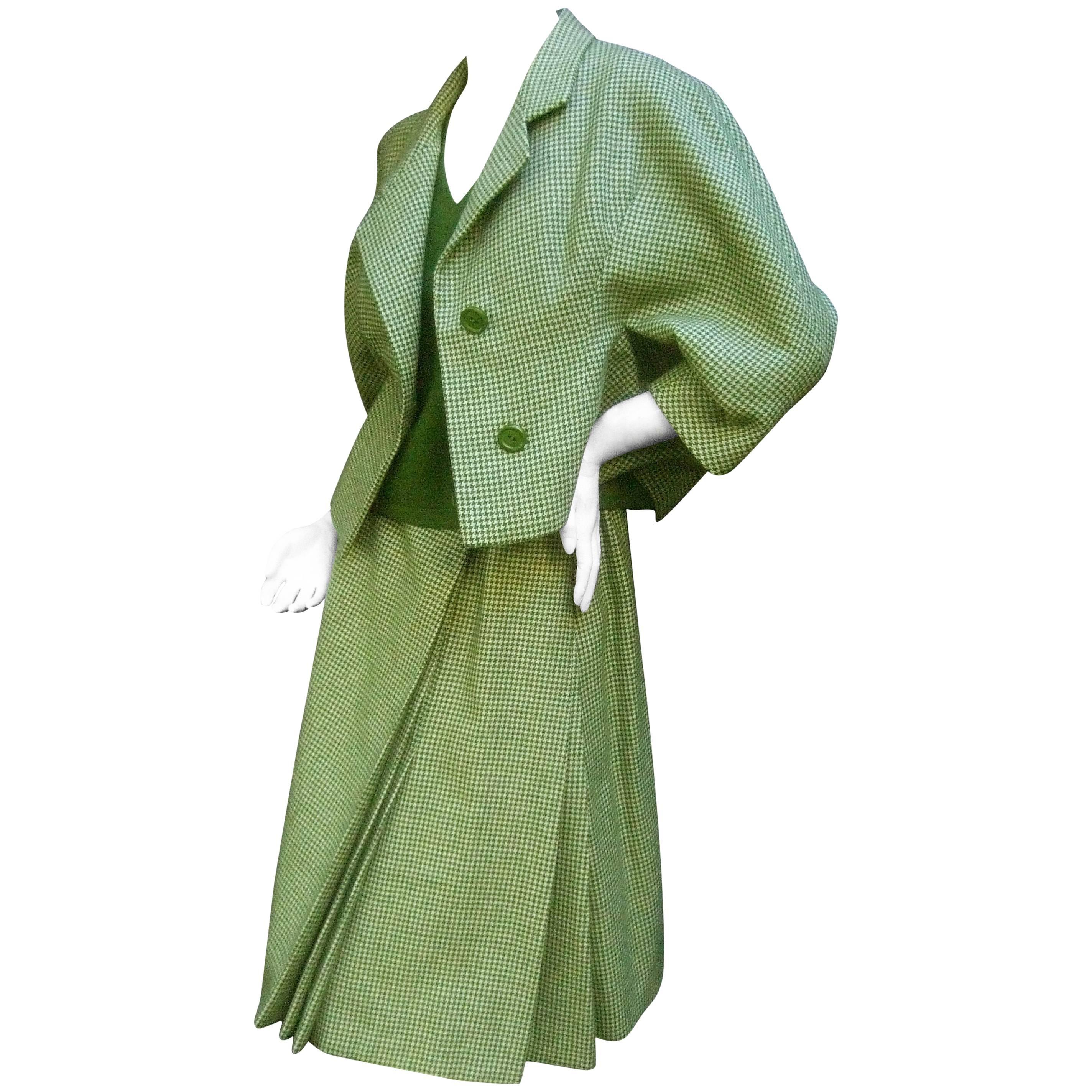 Galanos 1970s Green Wool Houndstooth 3pc Skirt Suit Ensemble 