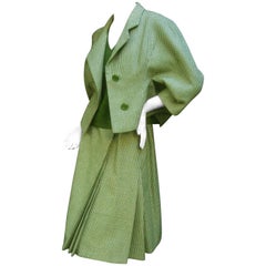 Vintage Galanos 1970s Green Wool Houndstooth 3pc Skirt Suit Ensemble 