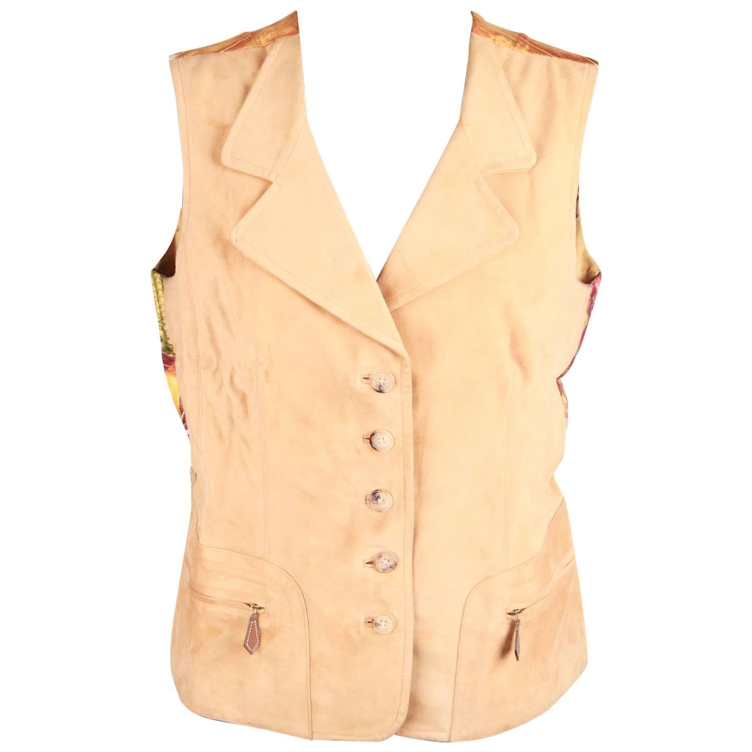 Hermes Suede Vest Waistcoat Silk Panel Passiflora Size 40 IT