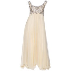 1960S Cream Beaded Silk Chiffon Empire Waist Gown With Matching Evening Bolero