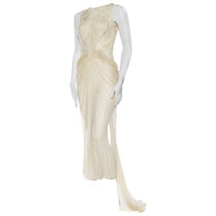 1980S Off White Beaded Silk Mousseline & Gold Metallic Embroidered Lace Gown