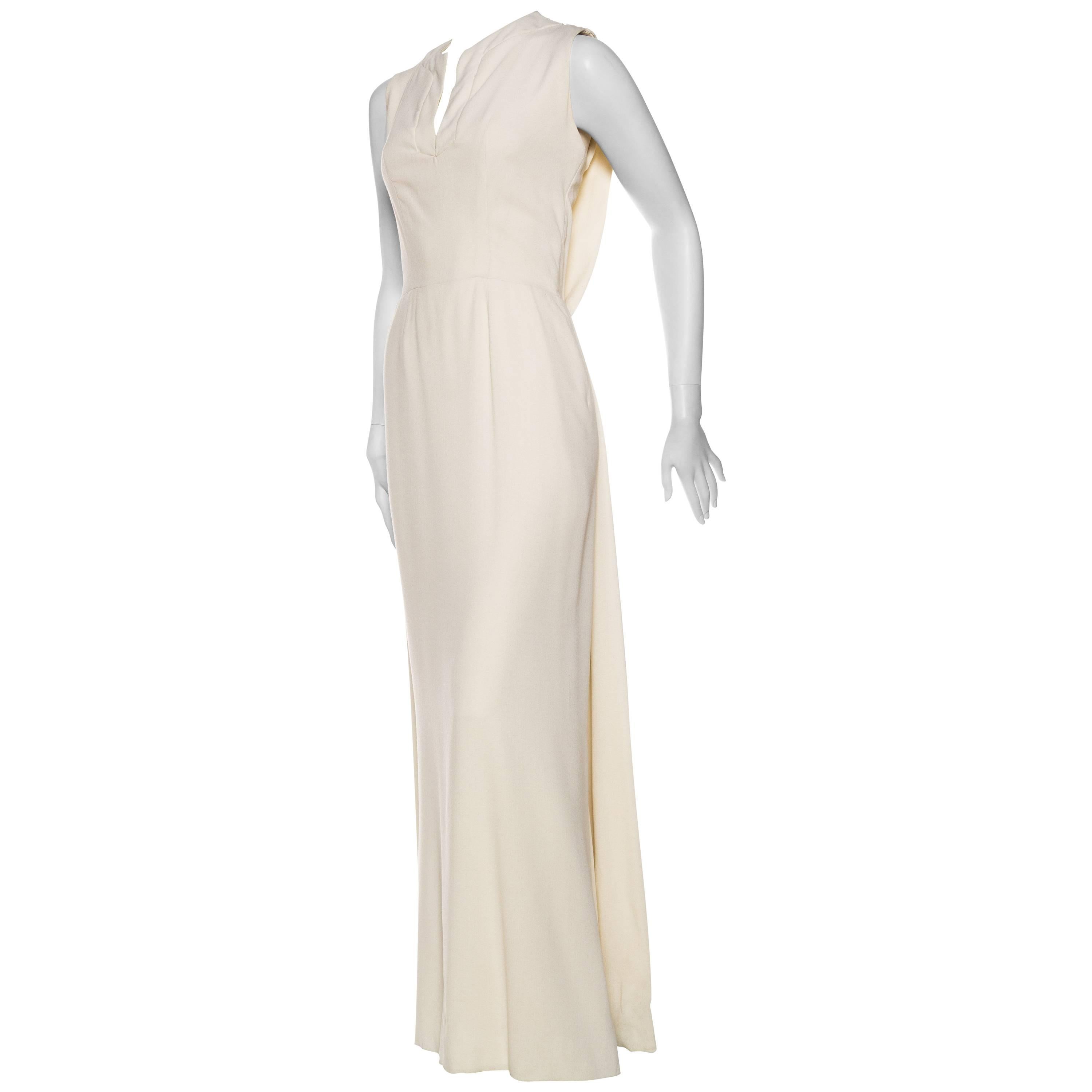 1960S PIERRE BALMAIN Off White Rayon & Silk Crepe Modernist Gown With Draped Ba For Sale