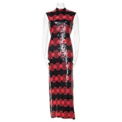 Vintage 1960S ADELE SIMPSON Black & Red Silk Chiffon Oil Slick Op-Art Geometric Sequin 