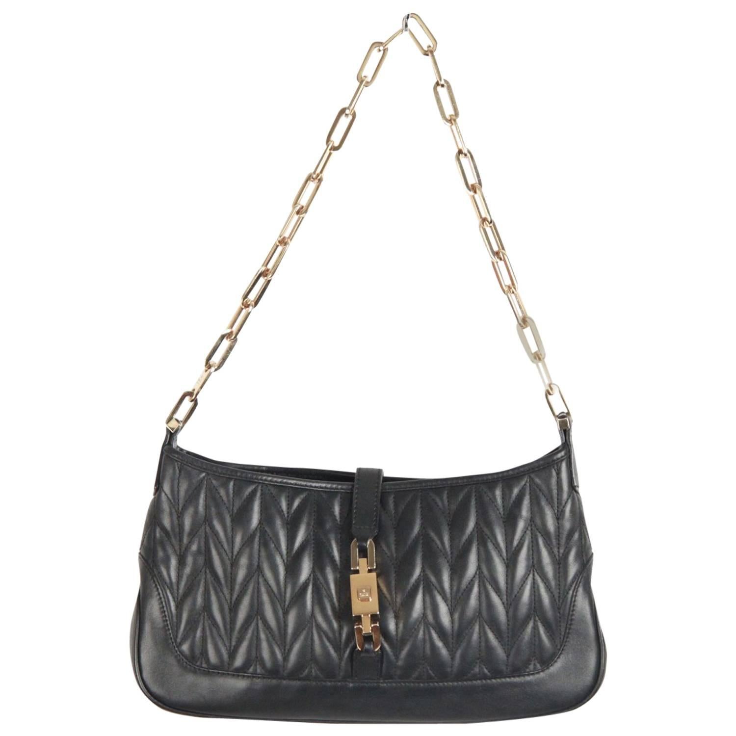 GUCCI Black Quilted Leather JACKIE SHOULDER BAG w/ Chain Strap