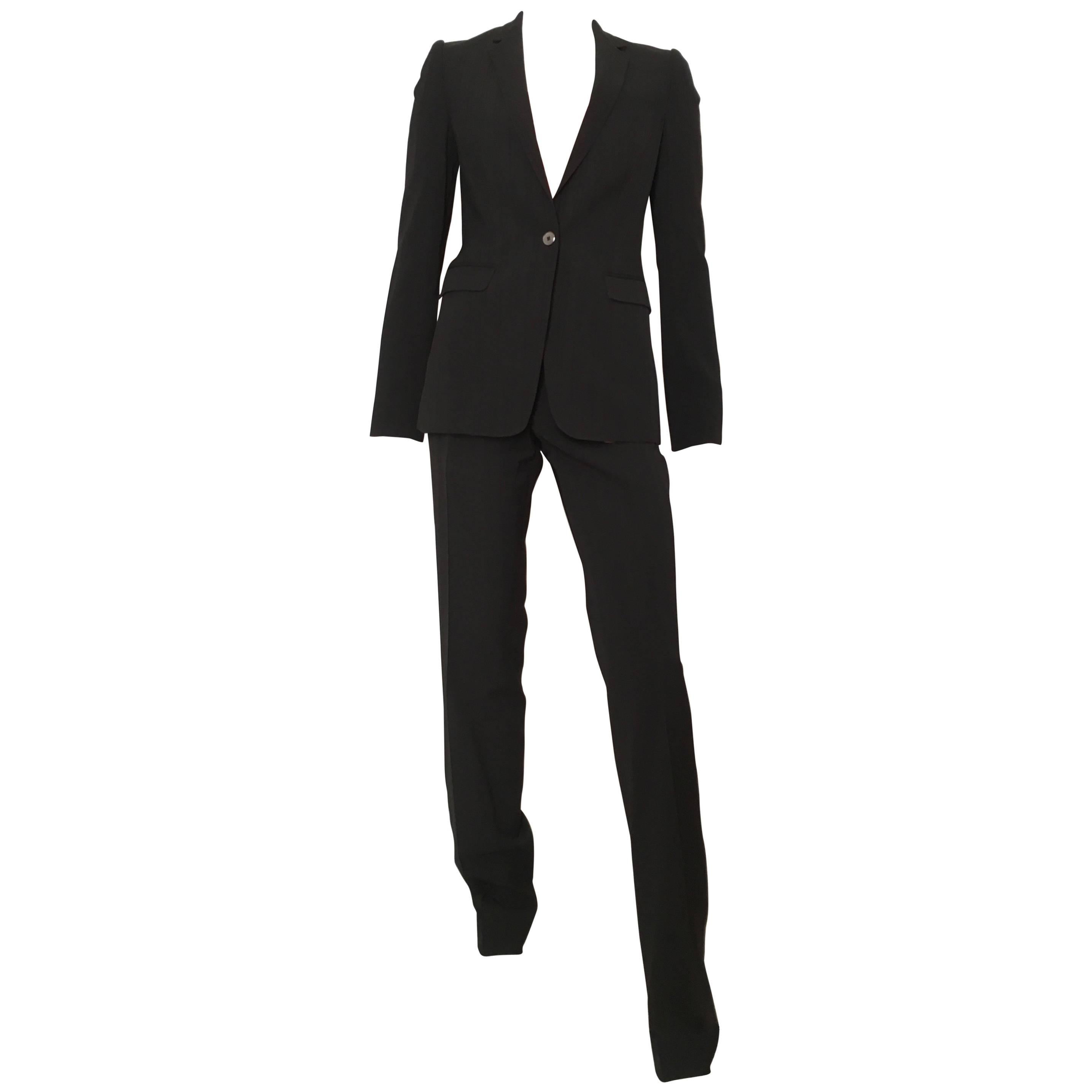 Dolce & Gabbana Black Striped Wool Pant Suit with Cheetah lining Size 4. For Sale