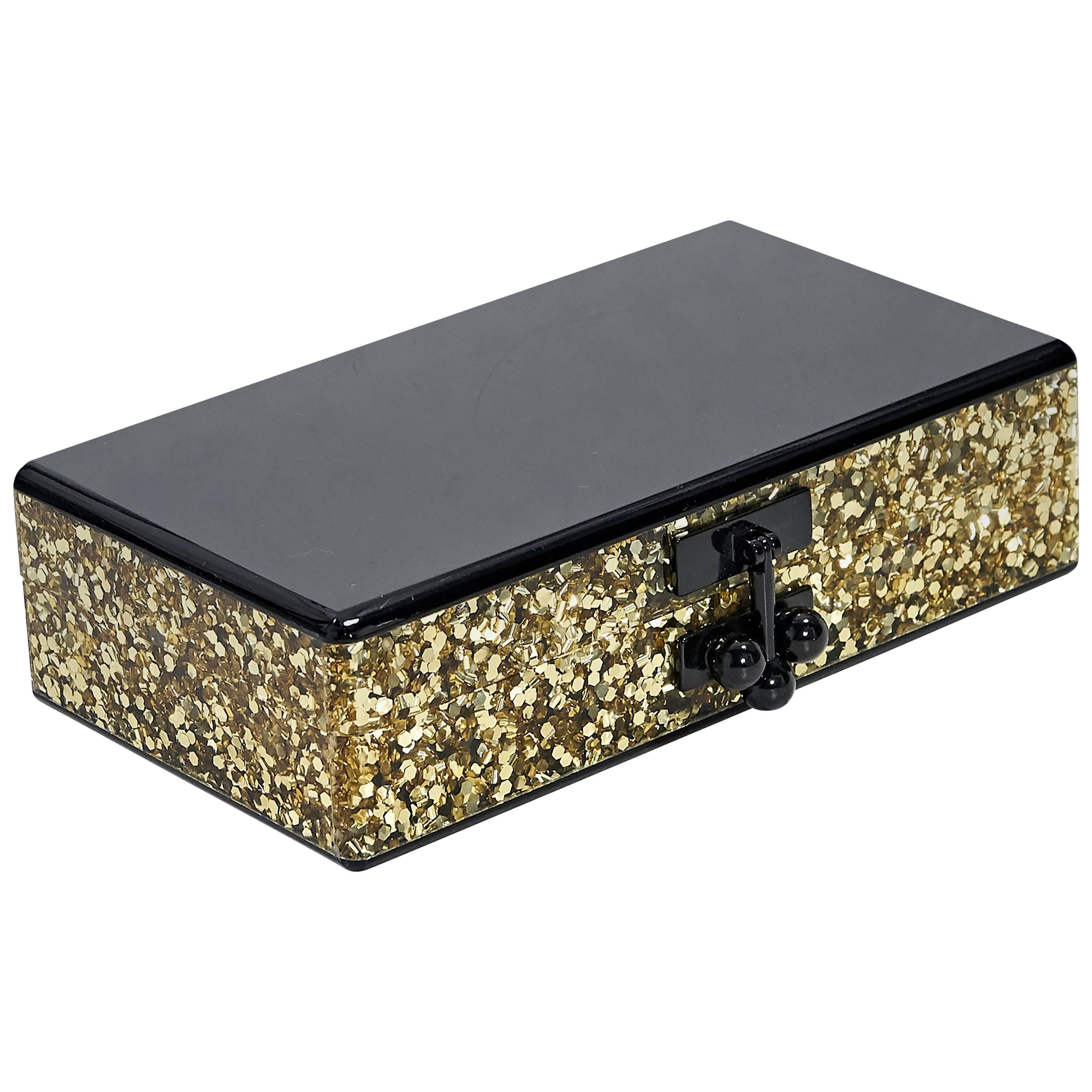 Black & Gold Edie Parker Glitter Box Clutch