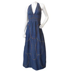 Vintage 1970s Rhinestone Denim Halter Dress