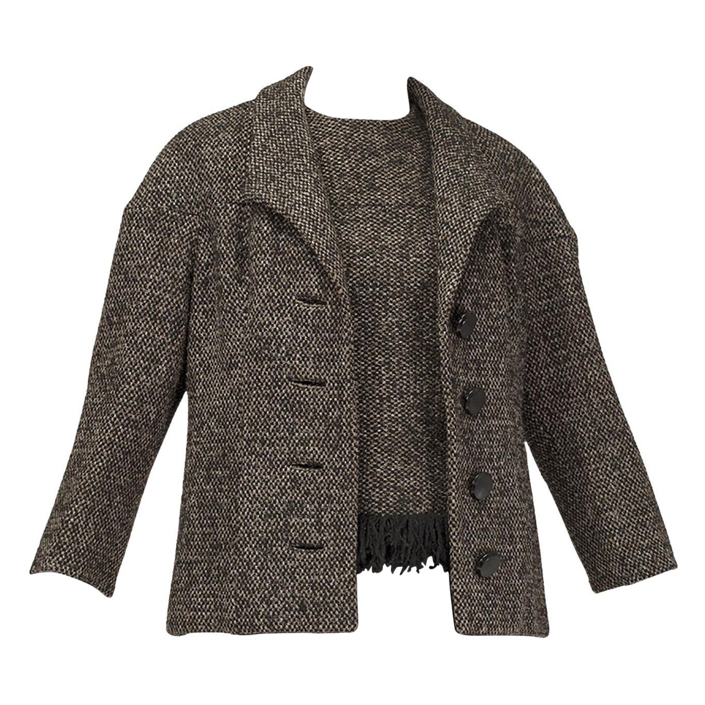 James Galanos Brown Tweed Jacket w Matching Sleeveless Fringe Top - M, 1980s For Sale