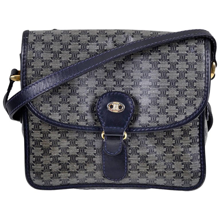 Vintage Celine Navy Blue Logo Handbag With Leather Trim at 1stDibs