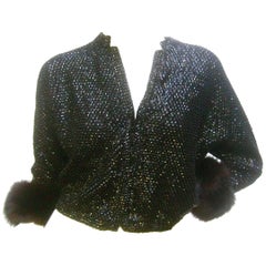 Saks Fifth Avenue Elegant Black Sequined Fox Trim Cardigan c 1970s