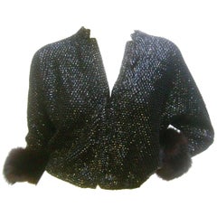 Vintage Saks Fifth Avenue Elegant Black Sequined Fox Trim Cardigan c 1970s 