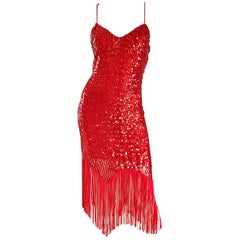 Vintage Joy Stevens 1970s Does 1920s Flapper Style Sequin Sz 10 Fringe Red Dress