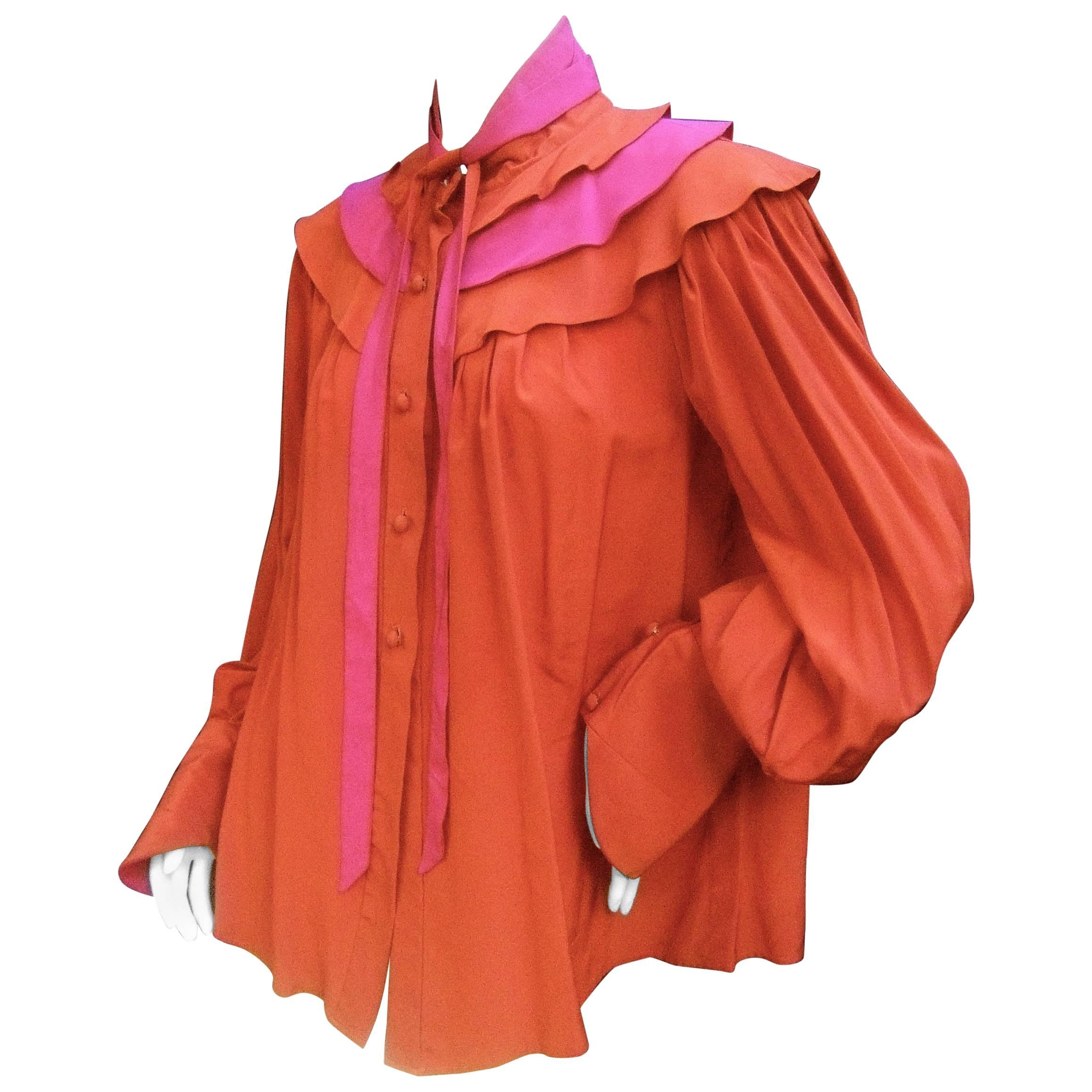 Roger & Gallet Paris Copper Fuchsia Silk Ruffled Tiered Bow Blouse c 1970s