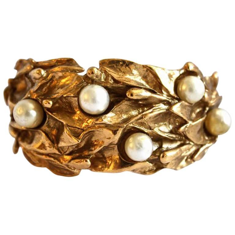 Yves Saint Laurent organic leaf cuff with pearls, 1980s