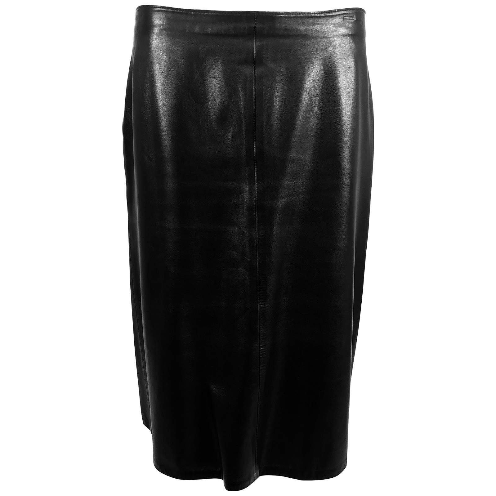 Balmain soft black leather straight skirt 42