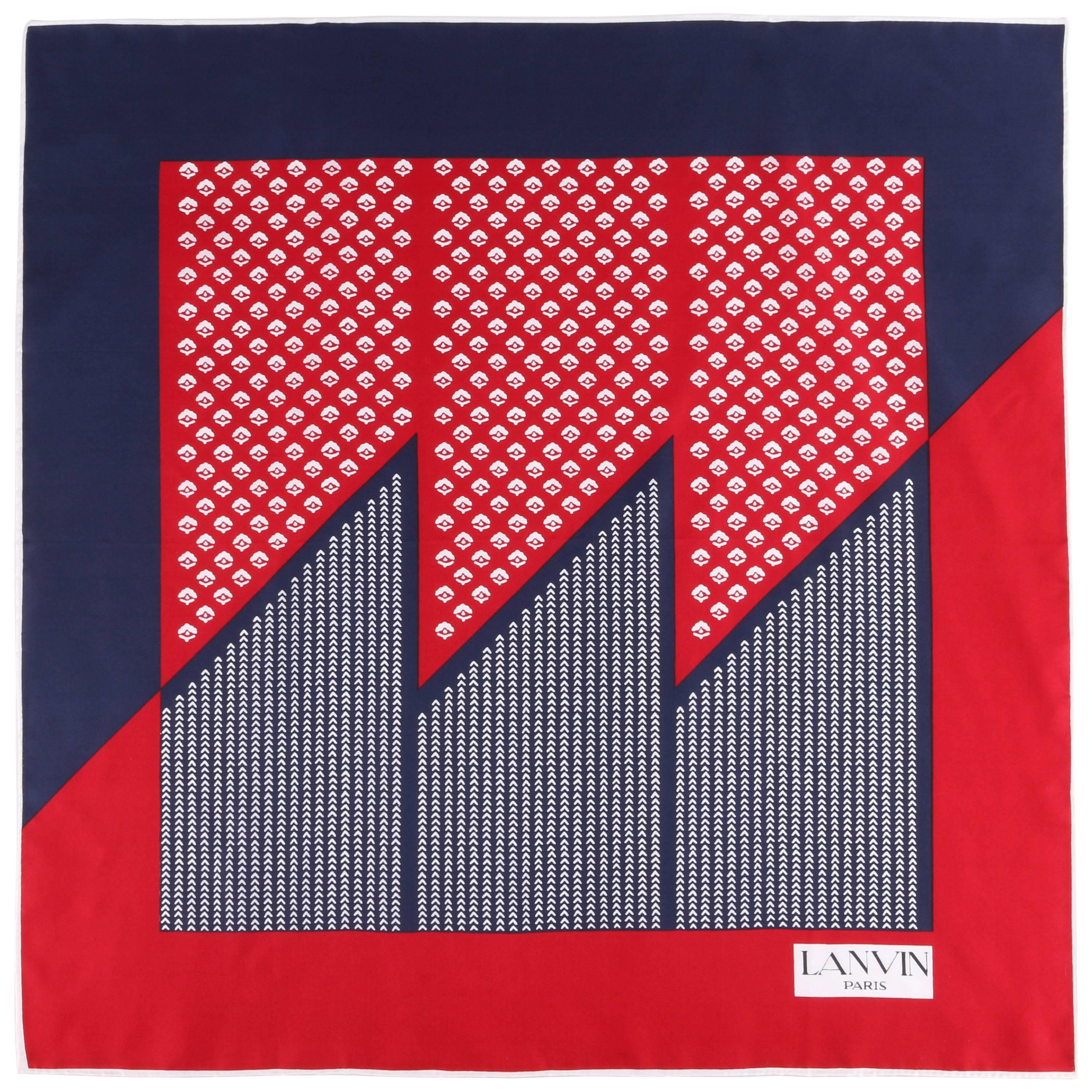 LANVIN Navy Blue 
Red Geometric Botanical Colorblock Print Silk Scarf