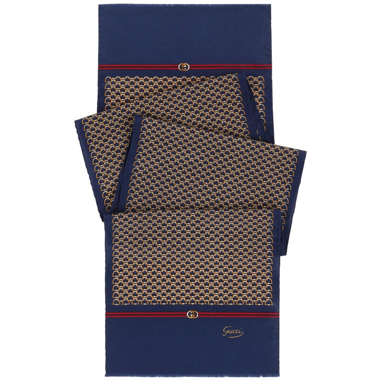 GUCCI c.1980's Navy Blue and Gold Horsebit Print Silk Oblong Scarf For