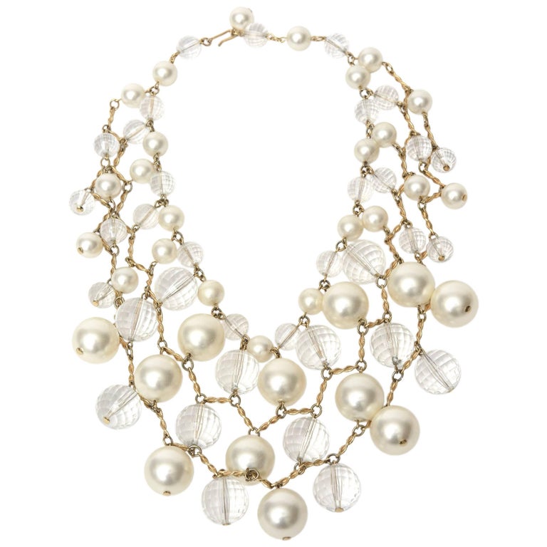 Faux Pearl Lucite and Brass Bib Multi Strand Vintage Collar Necklace