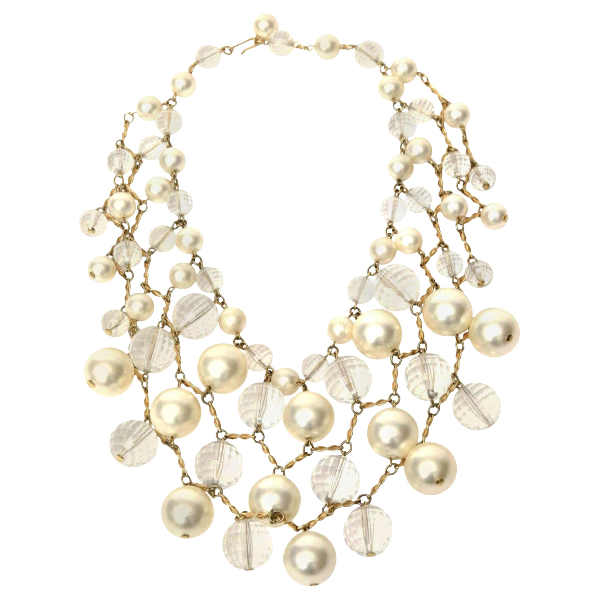 Vintage Faux Pearl, Faceted Lucite and Brass Bib Multi Strand Collar Necklace For Sale