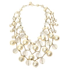 Retro Faux Pearl, Faceted Lucite and Brass Bib Multi Strand Collar Necklace