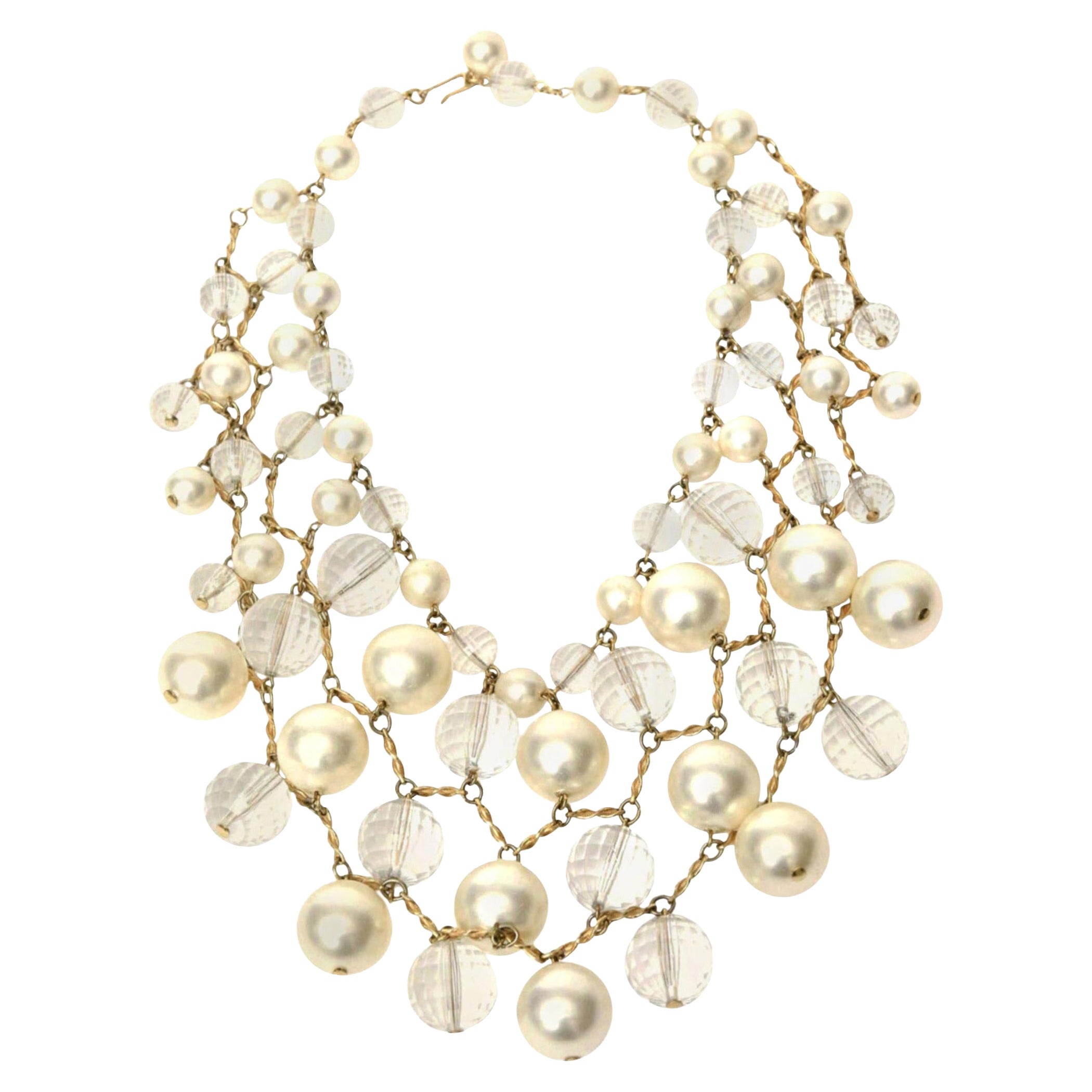 Vintage Faux Pearl, Faceted Lucite and Brass Bib Multi Strand Collar Necklace