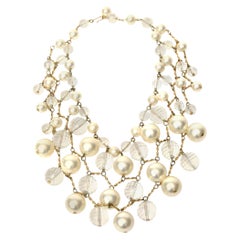 Vintage Faux Pearl, Faceted Lucite and Brass Bib Multi Strand Collar Necklace