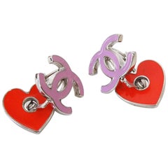 1990s Chanel Pink CC Red Heart Enamel Earrings