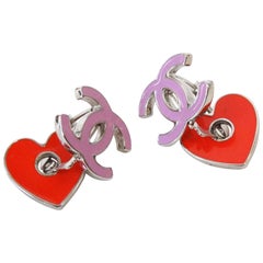 1990s Chanel Pink CC Red Heart Enamel Earrings 