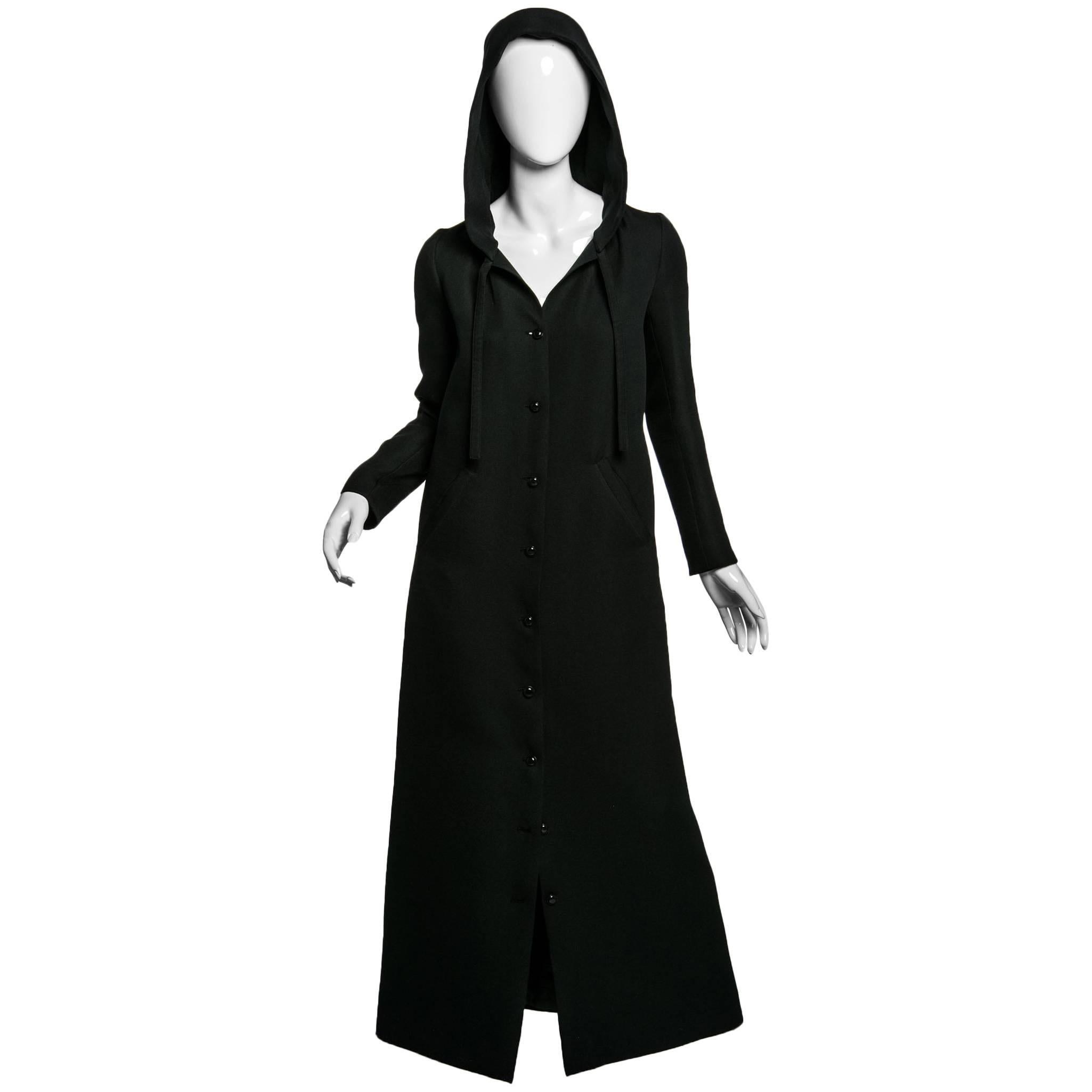 1960s Courrѐges Paris Mod Black Maxi Coat with Hood