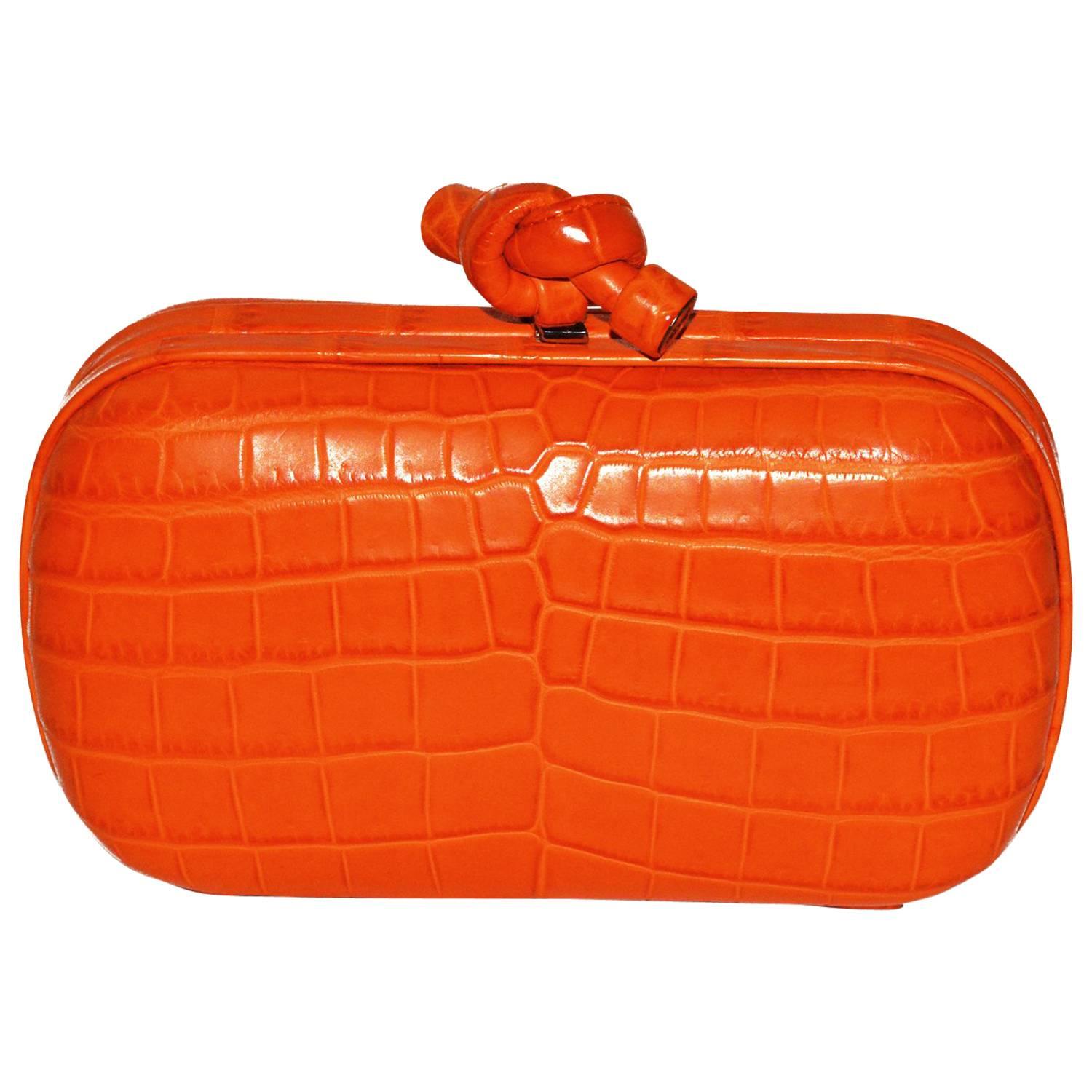 Rare Bottega Veneta Tangerine Crocodile Knot Clutch