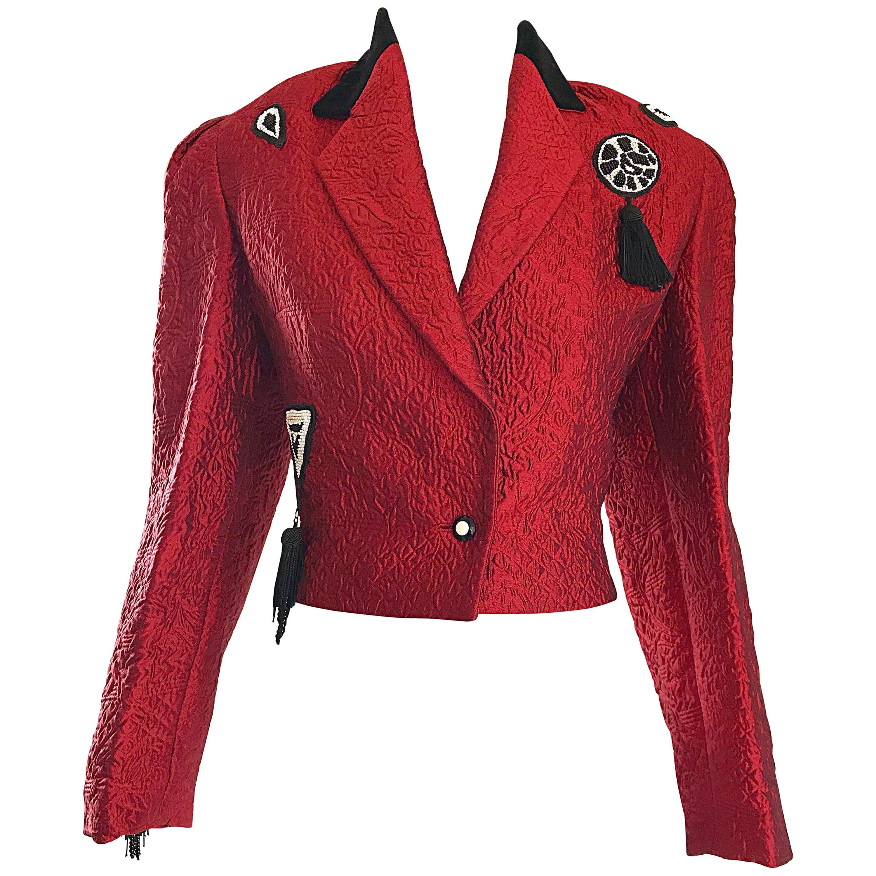 1990s Louis Feraud Red + Black Beaded Tassel Size 8 Cropped Silk Bolero Jacket