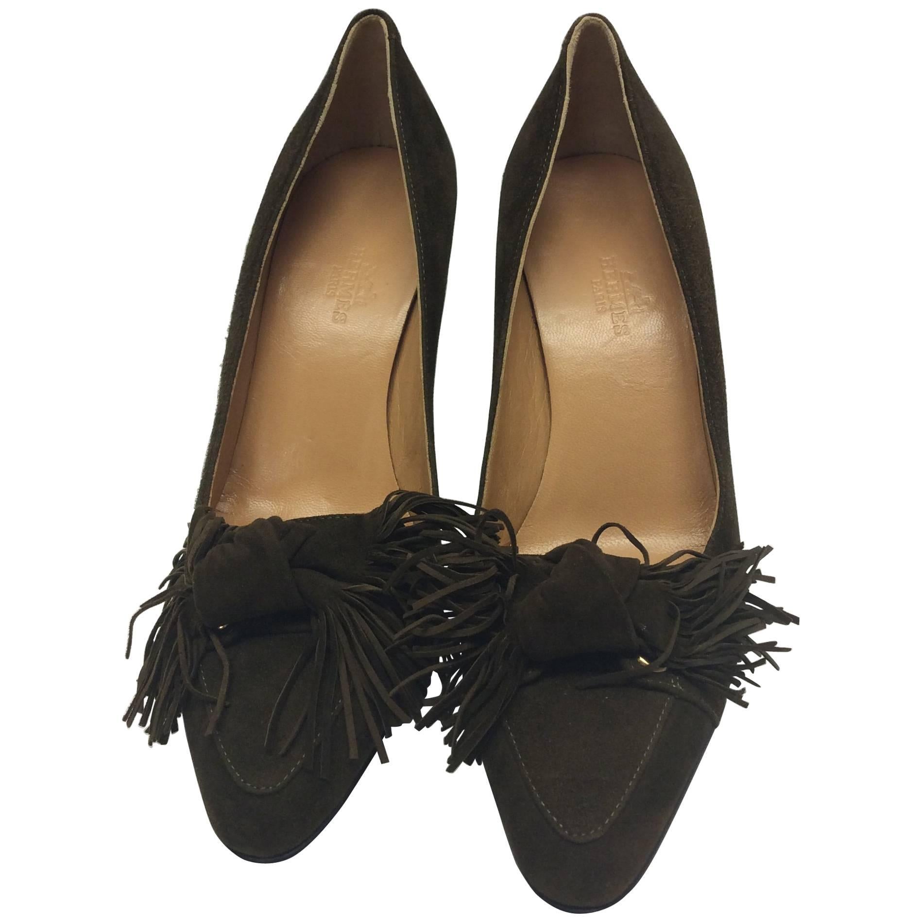 Hermes Suede Fringe Pumps For Sale