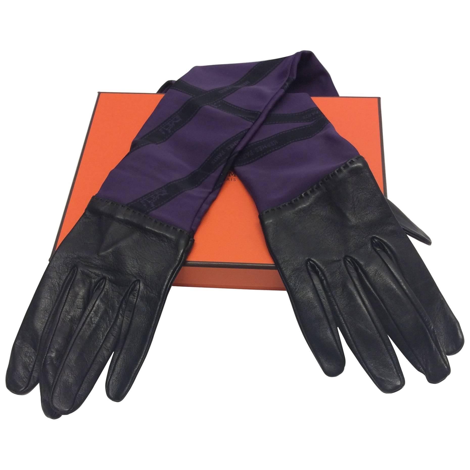 Hermes Leather And Silk Printed Gloves For Sale