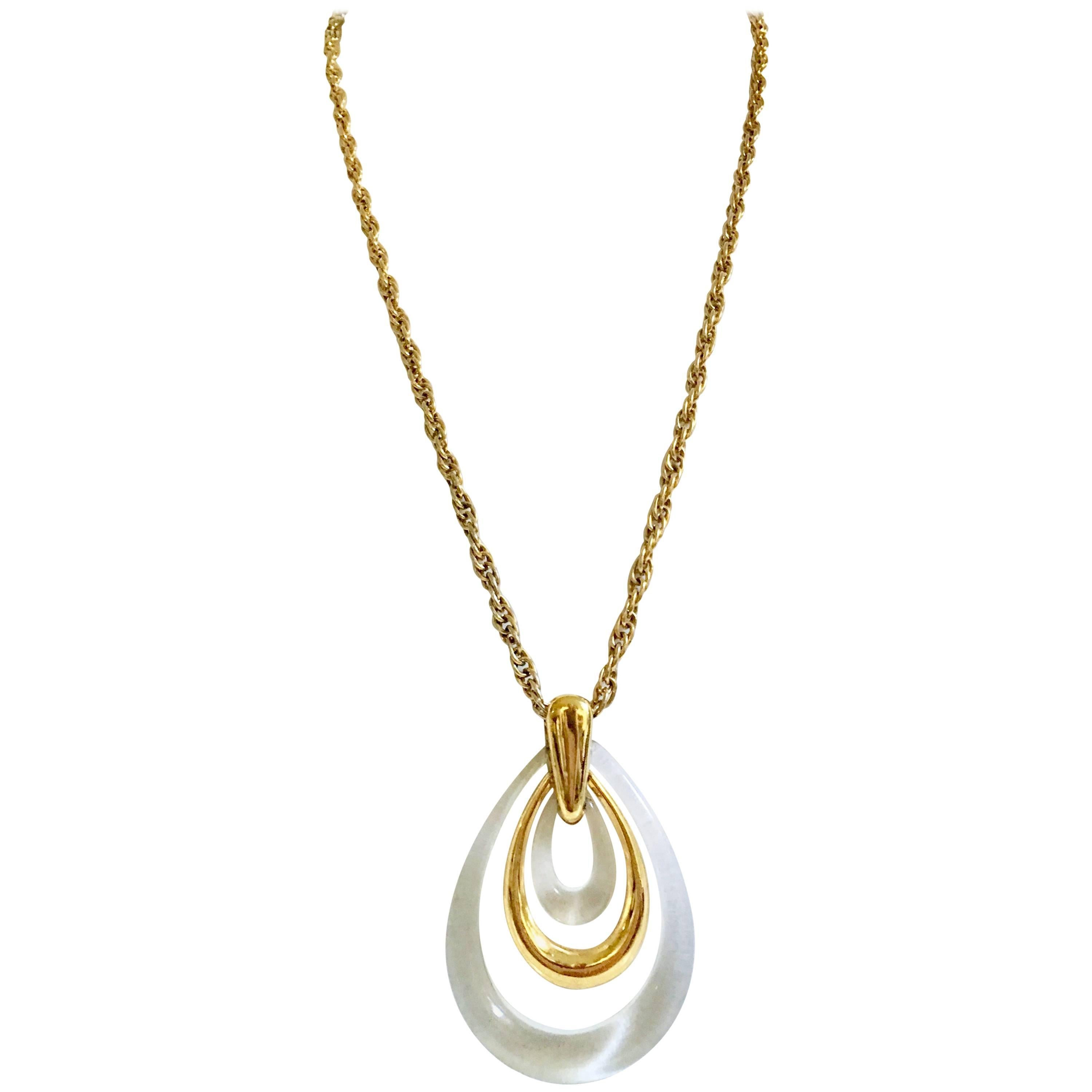 20th Century Lucite & Gilt Gold "Teardrop" Pendant Necklace By, Trifari For Sale