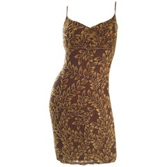 1990s Oleg Cassini Size 10 Brown and Gold Beaded Vintage 90s Silk Dress
