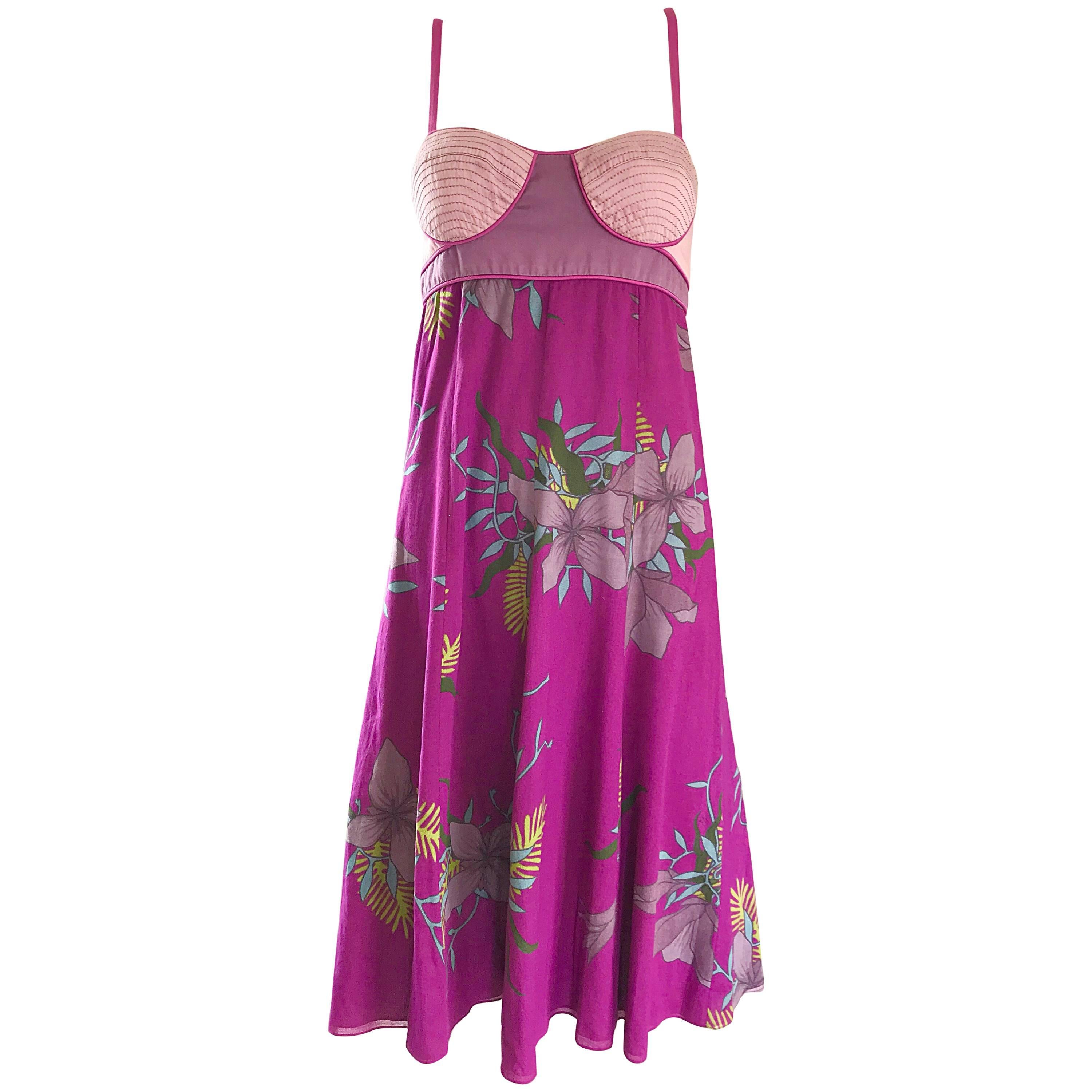 Proenza Schouler Size 2 Purple Hawaiian Flower Print Cotton Empire Waist Dress For Sale