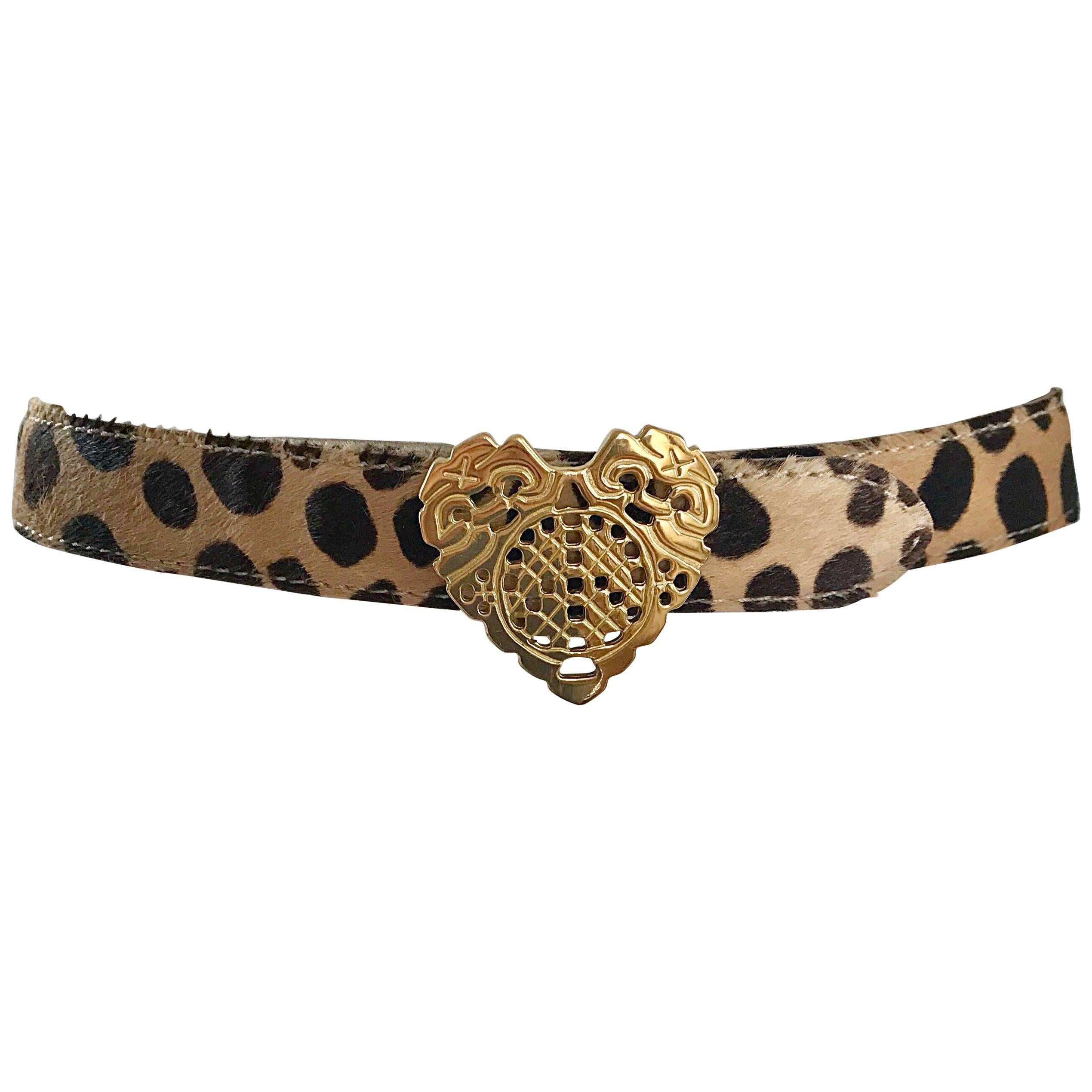 Vintage Moschino Cheap & Chic 1990s Calf Hair Leopard Print Heart Buckle Belt