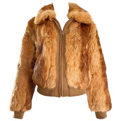 1970s Rabbit Fur Brown Copper Rust Bomber Style Vintage 70s Jacket Coat