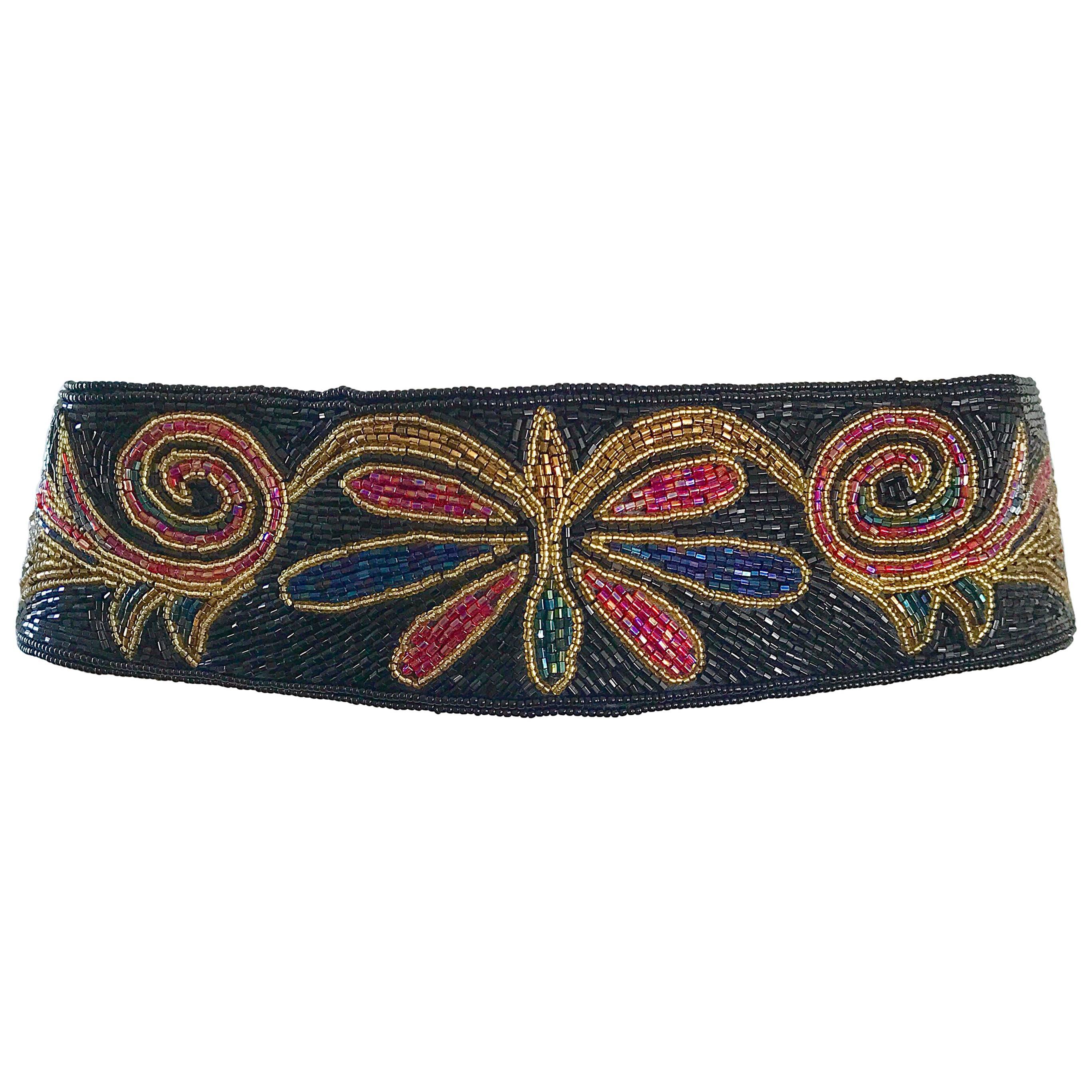 Fabulous 1980s Fully Beaded Butterfly Colorful Black Vintage 80s Belt