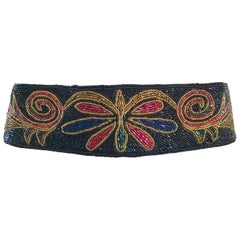 Fabuleux ceinture noire vintage entièrement perlée et colorée avec papillons (années 1980)