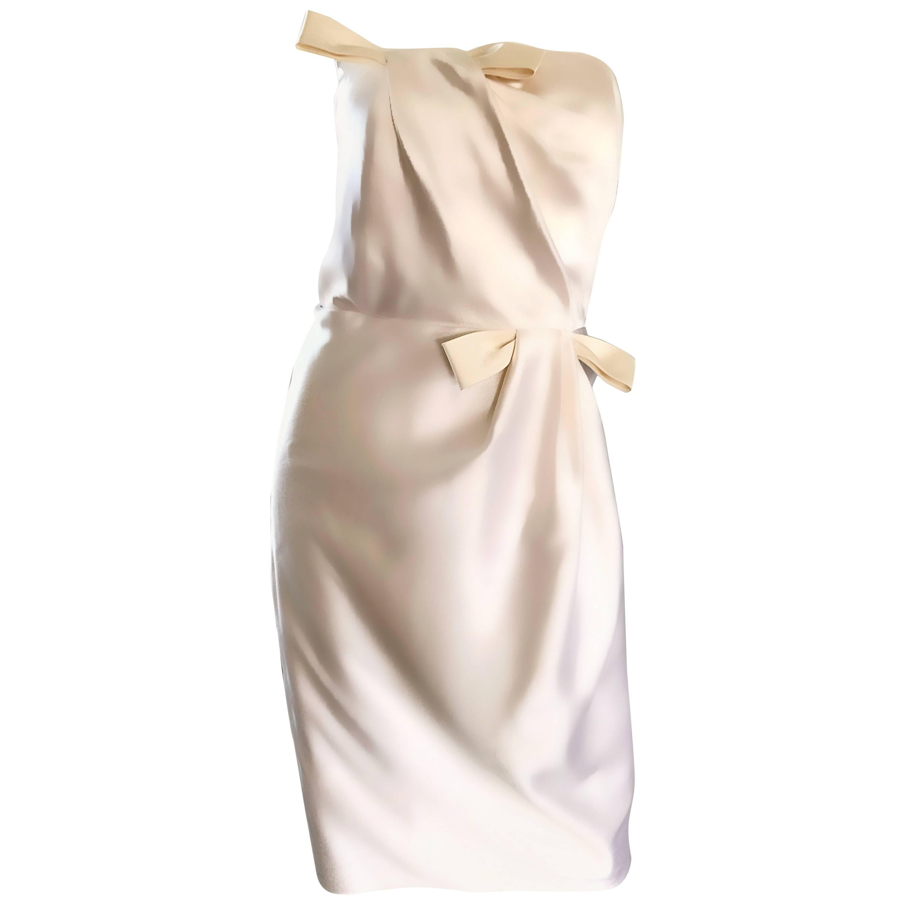 Bill Blass Size 10 Vintage Ivory White Silk Satin Strapless Dress, 1990s 