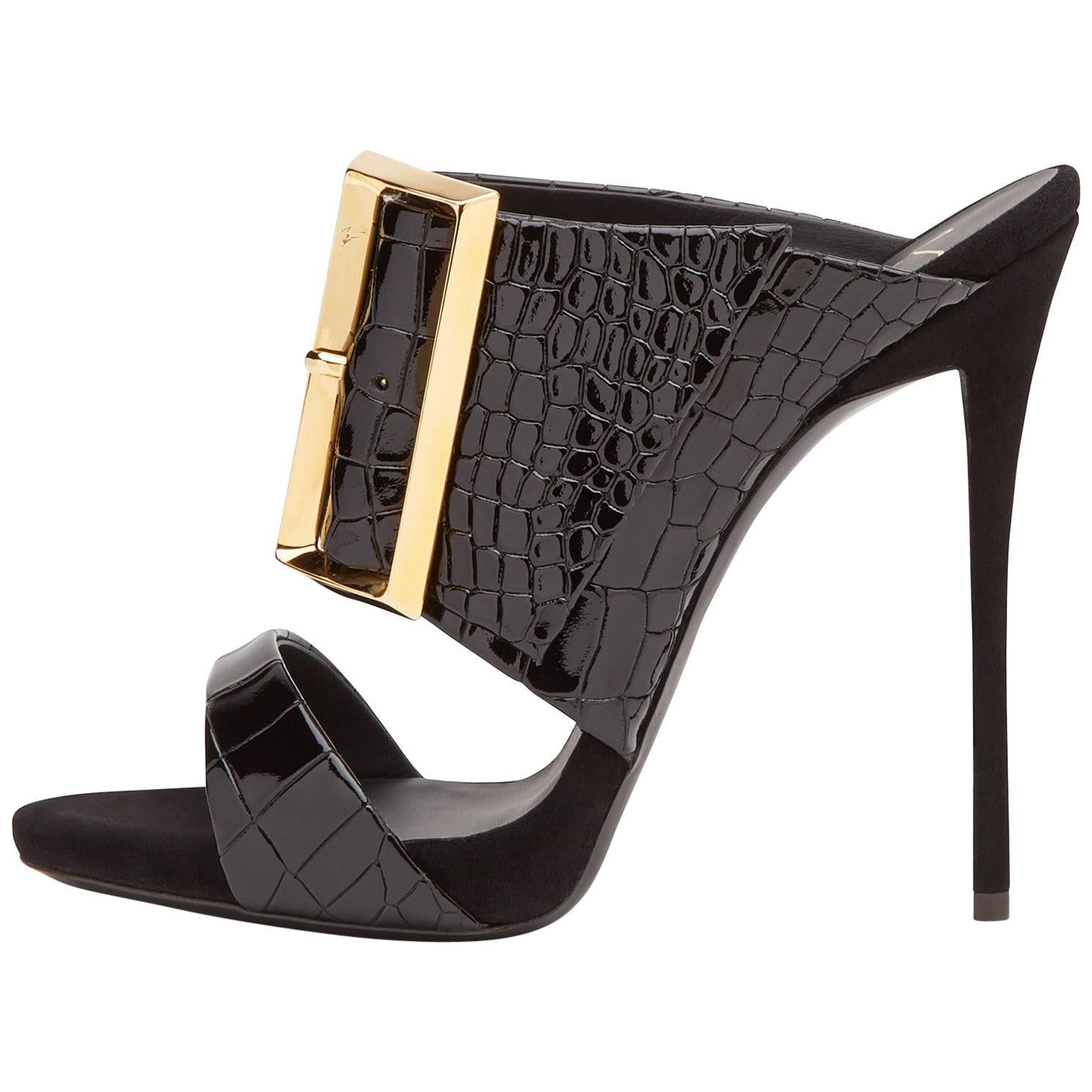 Giuseppe Zanotti New Black Leather Gold Evening Heels 
