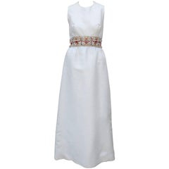 1960's Kent Originals White Dupioni Evening Dress With Bejeweled Empire Waist